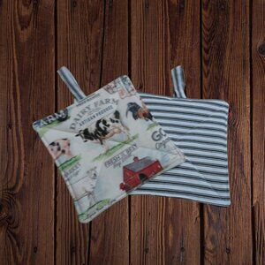 Handmade Potholder, Set of 2, Reversible Farm and White and Black Ticking